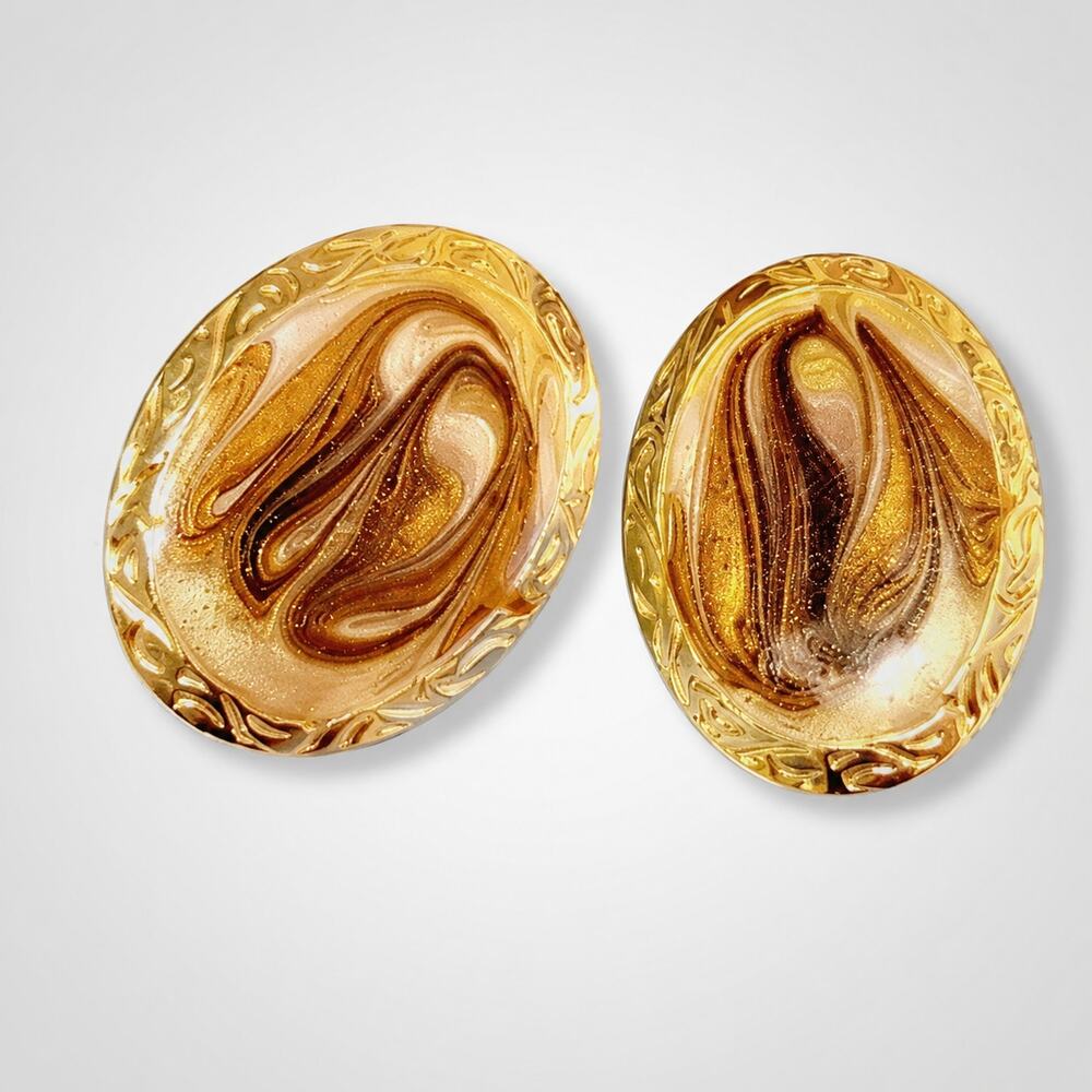 Vintage Large Gold Brown Cream Enamel Oval Pierced‎ Earrings Retro 1.5" kp-79